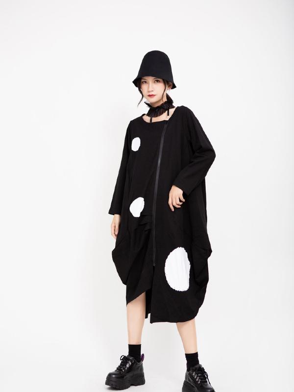 POLKA-DOT PRINTED CROPPED ZIPPER MIDI DRESS OUTWEAR