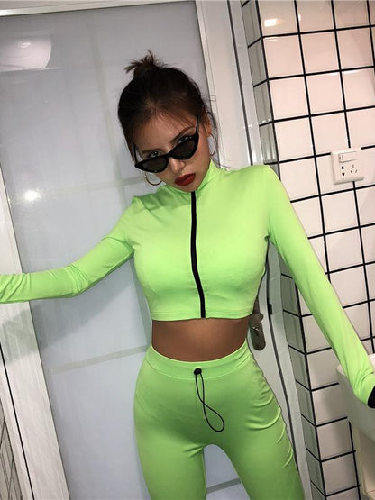 Solid Zipper Tee&Leggings Sports Suits