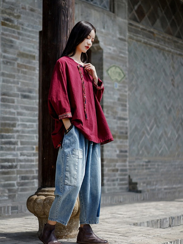 Vintage Loose Handmade Button Cropped T-Shirt