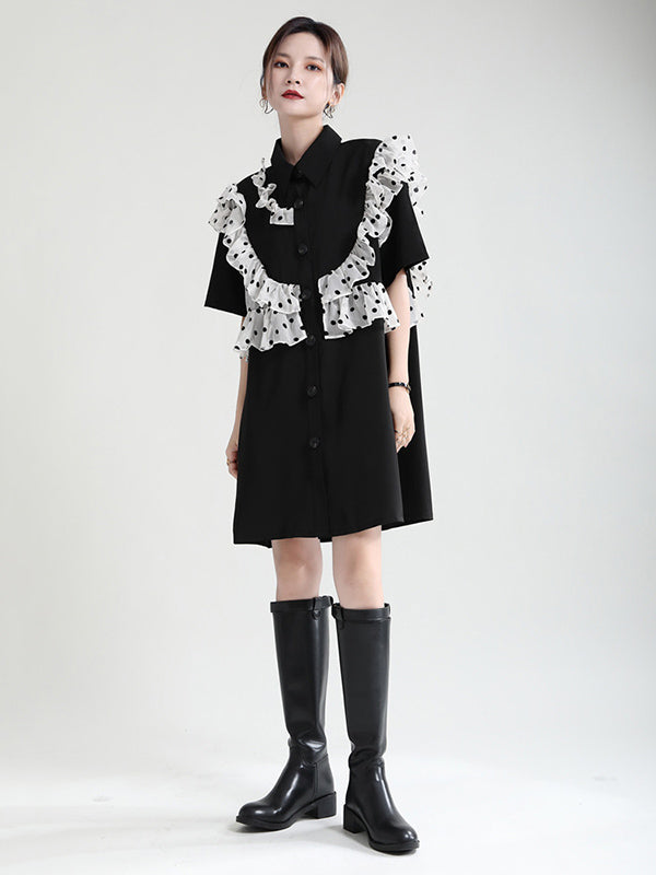 Stylish Irregular Split-Joint Polka-Dot Mesh Falbala Buttoned Lapel Collar Half Sleeves Mini Dress