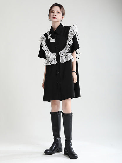 Stylish Irregular Split-Joint Polka-Dot Mesh Falbala Buttoned Lapel Collar Half Sleeves Mini Dress