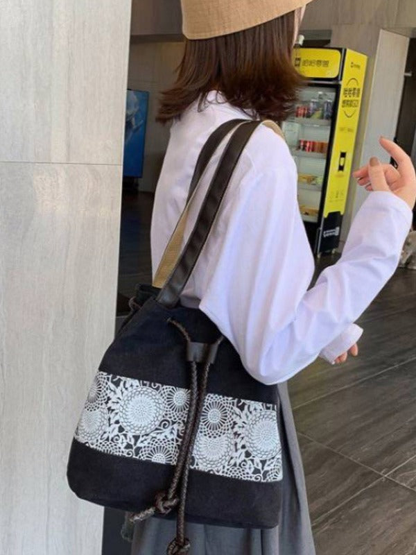 Ethnic Style Printed Canvas Drawstring Bucket Bag