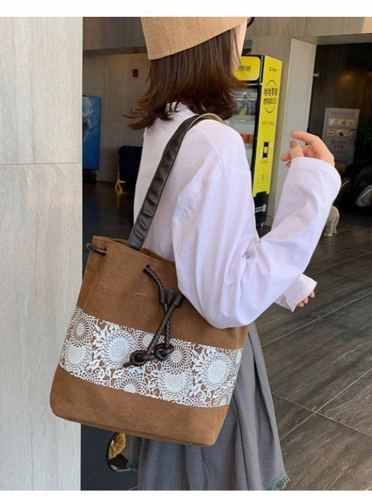 Ethnic Style Printed Canvas Drawstring Bucket Bag