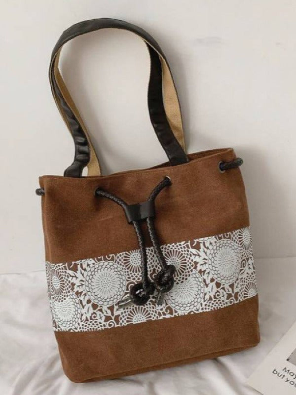 Ethnic Style Printed Canvas Drawstring Bucket Bag