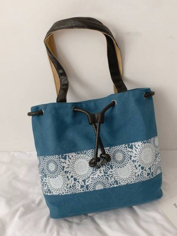 Ethnic Style Printed Canvas Drawstring Bucket Bag