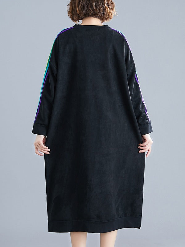 LOOSE RAINBOW STRIPED CREW-NECK MIDI DRESS