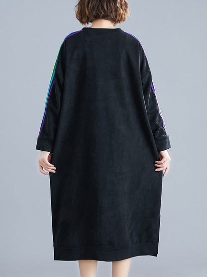 LOOSE RAINBOW STRIPED CREW-NECK MIDI DRESS