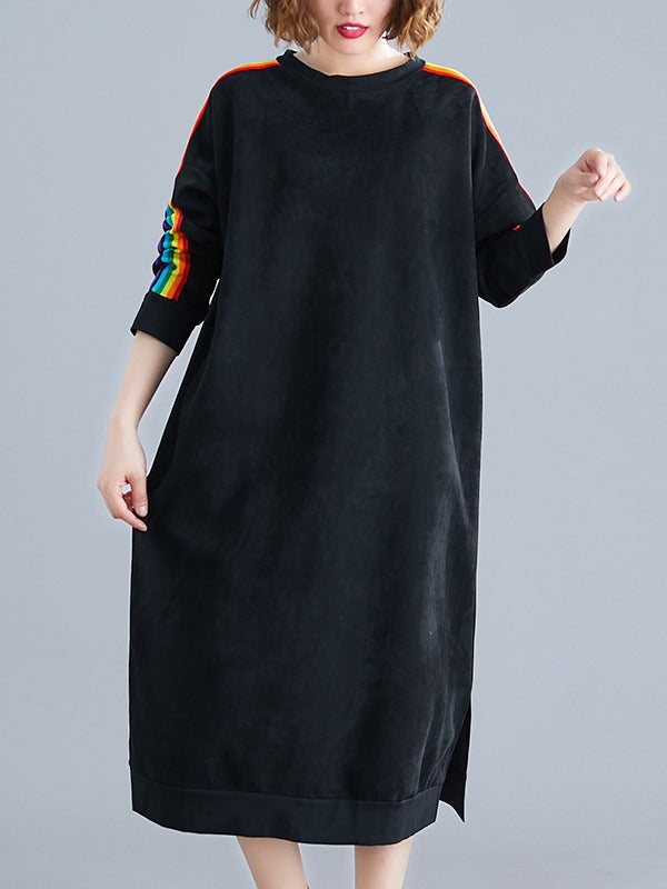 LOOSE RAINBOW STRIPED CREW-NECK MIDI DRESS