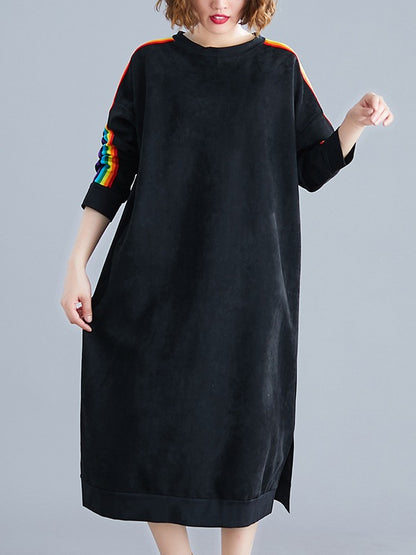 LOOSE RAINBOW STRIPED CREW-NECK MIDI DRESS