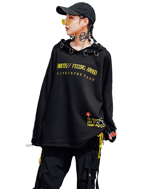 Stylish Loose Cropped Hollow Print Iron Ring Hoodie