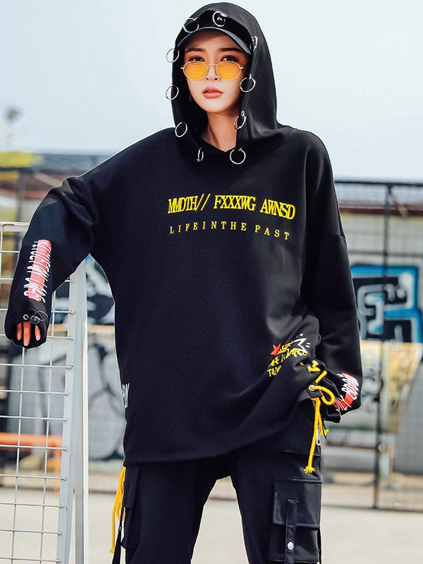 Stylish Loose Cropped Hollow Print Iron Ring Hoodie