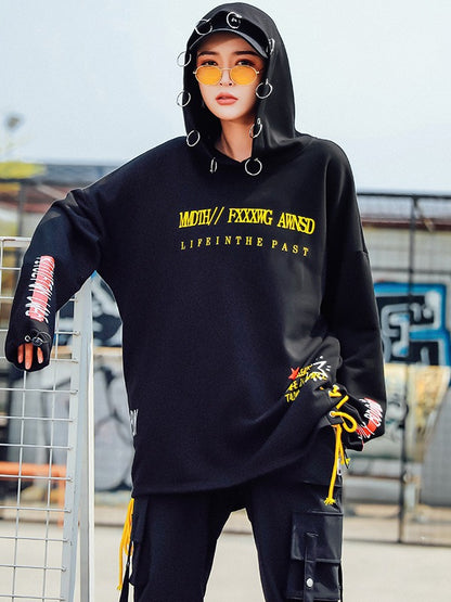 Stylish Loose Cropped Hollow Print Iron Ring Hoodie
