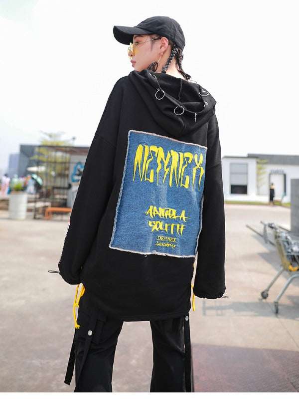 Stylish Loose Cropped Hollow Print Iron Ring Hoodie