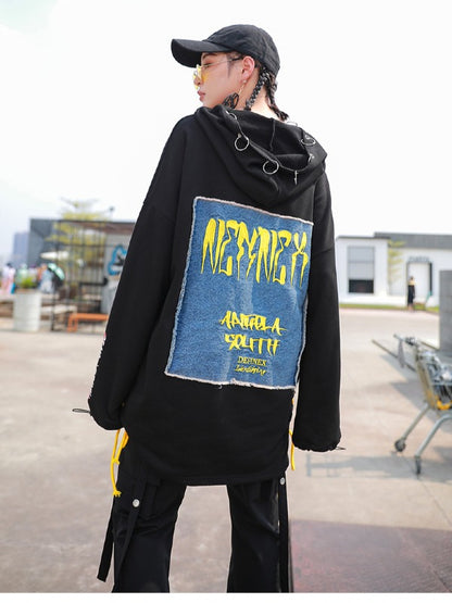 Stylish Loose Cropped Hollow Print Iron Ring Hoodie