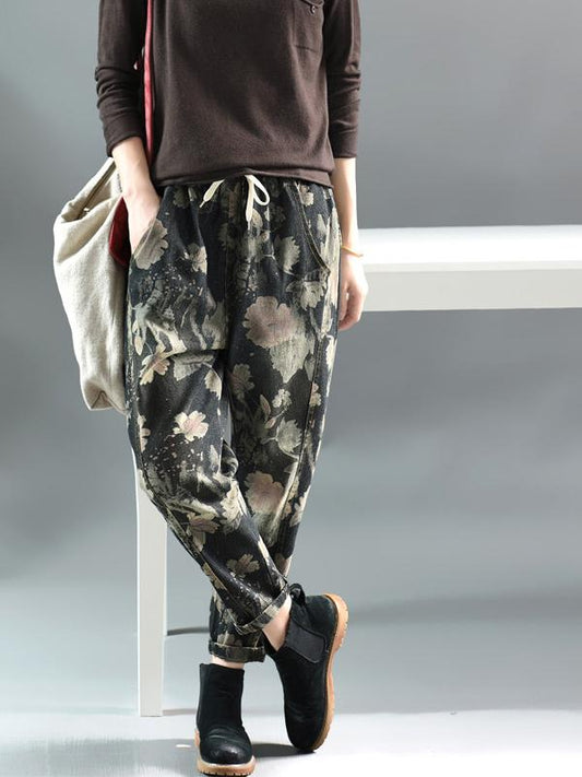 Vintage Floral Elastic Waist Harem Pants