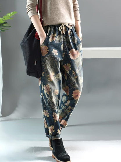 Vintage Floral Elastic Waist Harem Pants