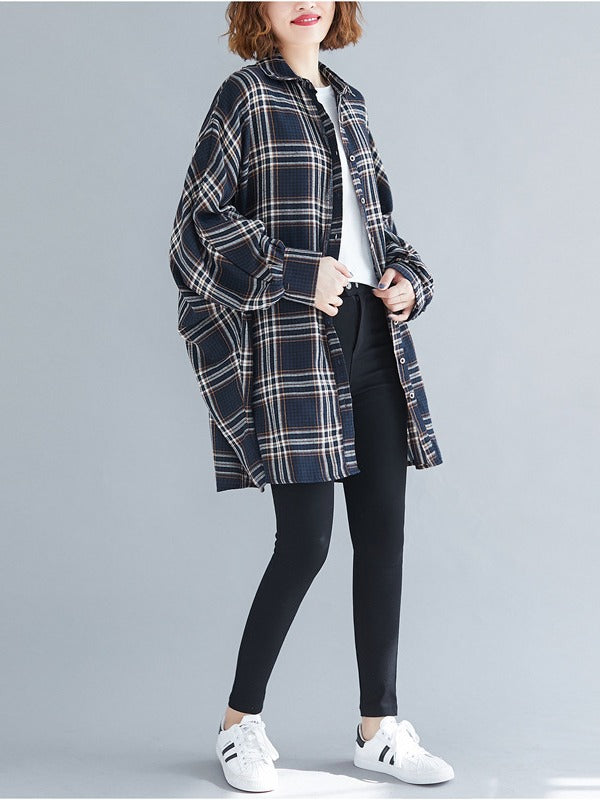 Casual Plaid Batwing Sleeves Lapel Shirt