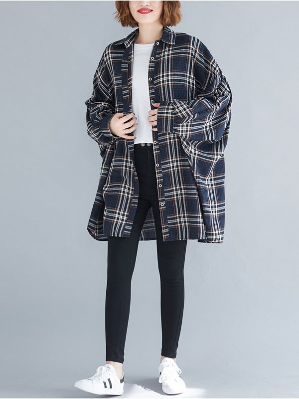 Casual Plaid Batwing Sleeves Lapel Shirt