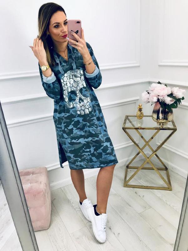 Loose Split-side Printed Hoodie Dress