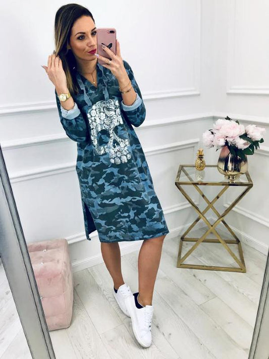 Loose Split-side Printed Hoodie Dress