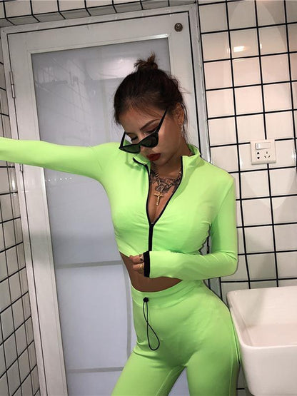 Solid Zipper Tee&Leggings Sports Suits