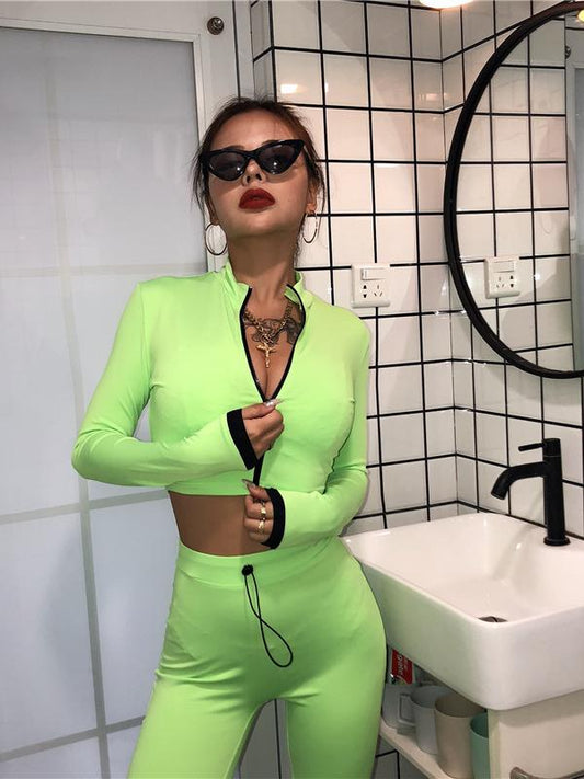 Solid Zipper Tee&Leggings Sports Suits