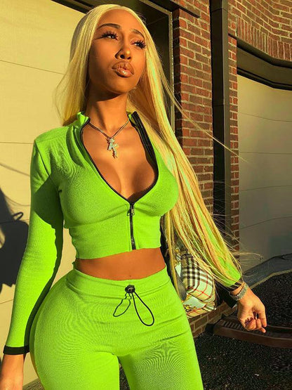 Solid Zipper Tee&Leggings Sports Suits