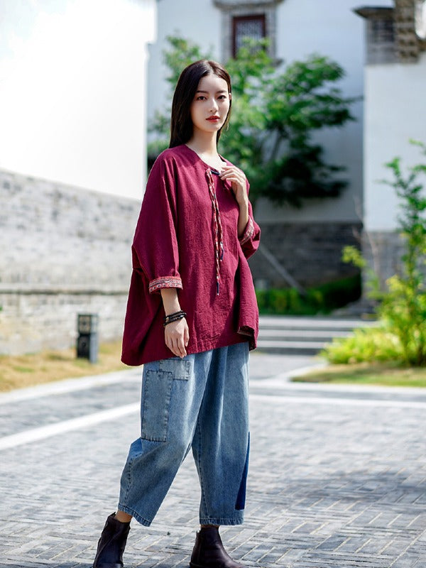 Vintage Loose Handmade Button Cropped T-Shirt