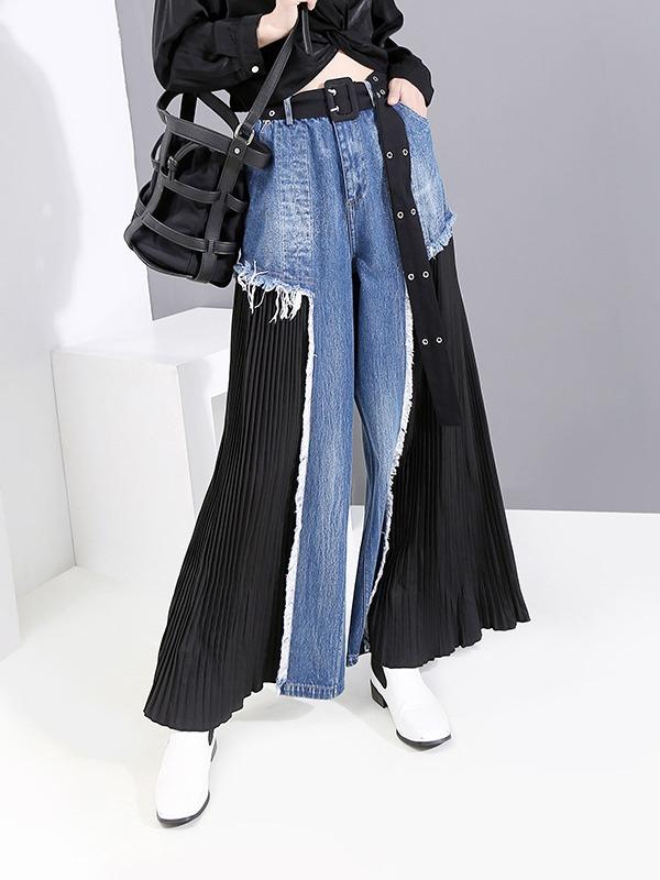 Loose Split-joint Pleated Jean Pants