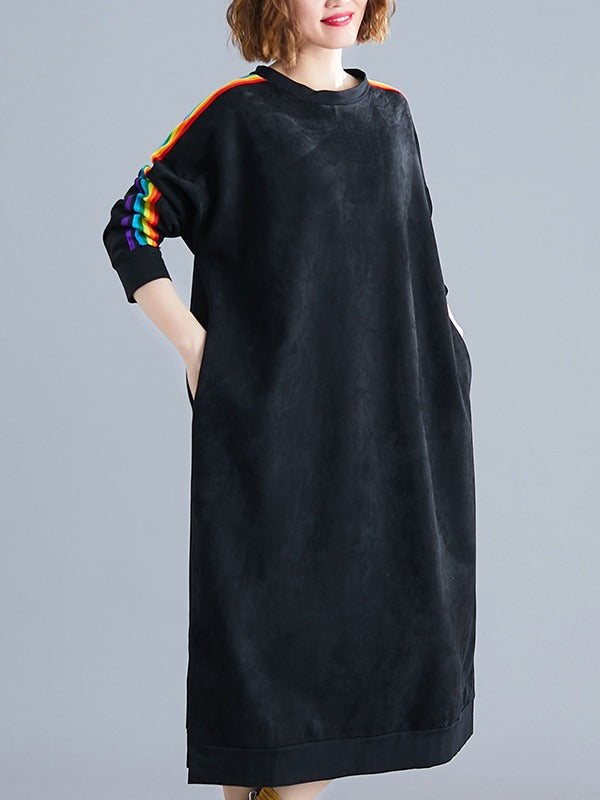 LOOSE RAINBOW STRIPED CREW-NECK MIDI DRESS