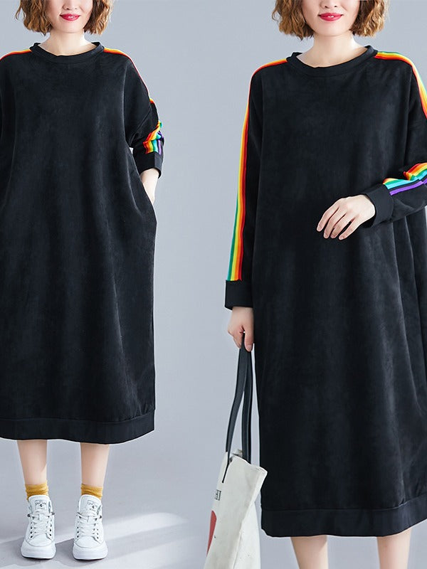 LOOSE RAINBOW STRIPED CREW-NECK MIDI DRESS