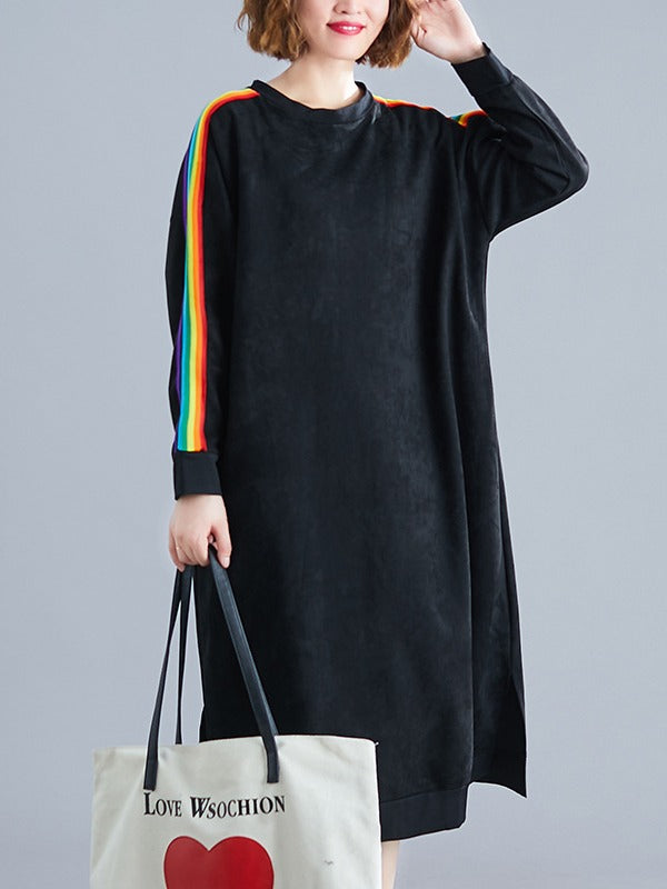 LOOSE RAINBOW STRIPED CREW-NECK MIDI DRESS
