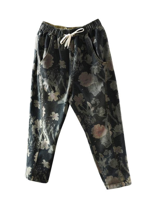 Vintage Floral Elastic Waist Harem Pants