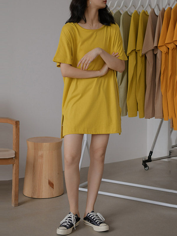 Simple Casual Loose 5 Colors Split-Side Round-Neck Short Sleeves T-Shirt Tops