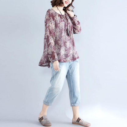 Retro Floral Printed Women Long Sleeve Purple Red Shirt