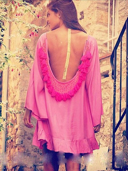 Fashion Loose Half Sleeve Round Neck Tassel Off-Back Mini Dress