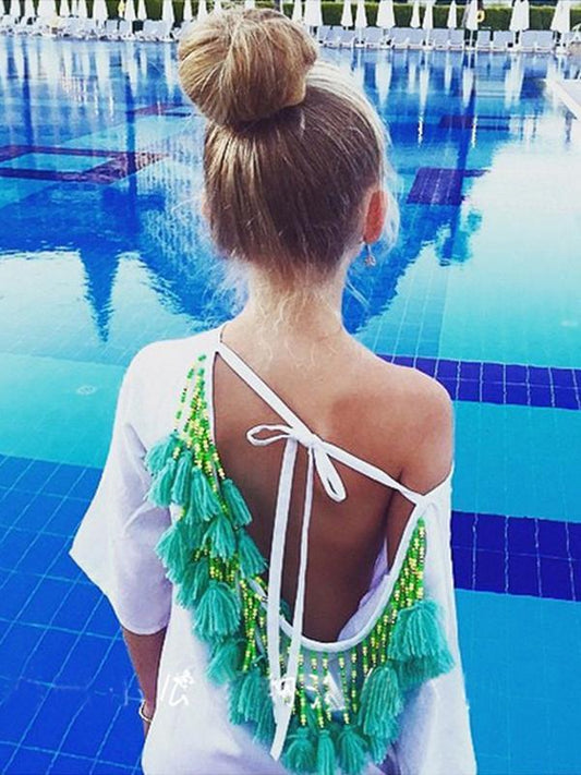 Fashion Loose Half Sleeve Round Neck Tassel Off-Back Mini Dress