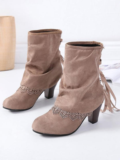 Solid Color Bandage Tasseled Purfle Lace Ankle Boots Shoes