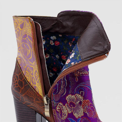 Retro Vintage Printed Leather Block High Heels Ankle Boots