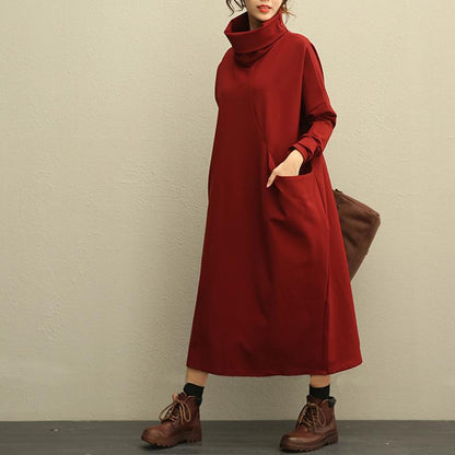 Literature Turtle Neck Long Sleeves Cotton Spandex Red Women Dress