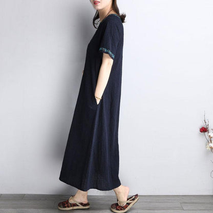 Summer Embroidery Short Sleeve Loose Navy Blue Dress