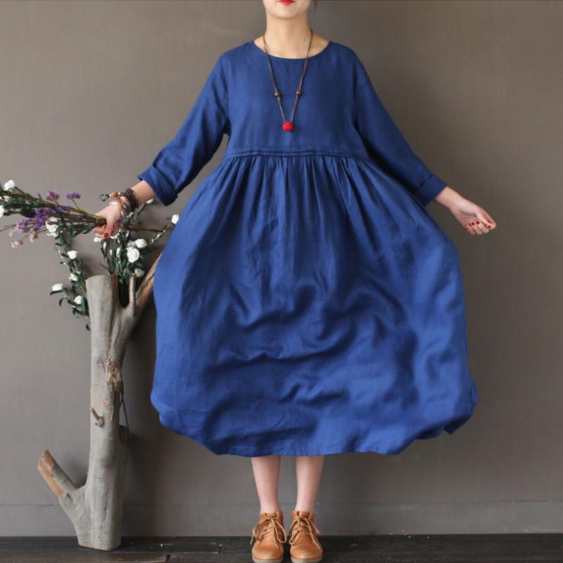 Linen Round Neck Loose High Waist Dark Blue Dress