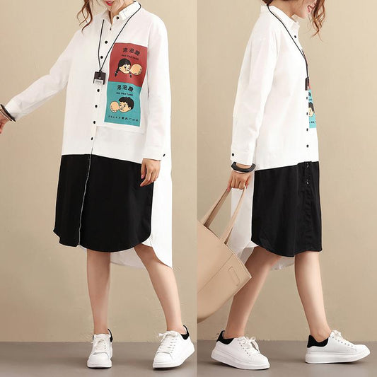 Women Printed Cotton Long Sleeve White Shirt Dress