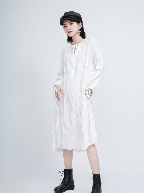 Loose Solid Pleated Lace Up Dress