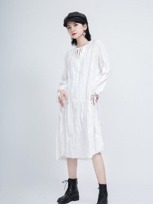 Loose Solid Pleated Lace Up Dress