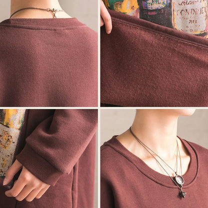Women Cotton Casual Loose Long Sleeve Printed Black Dress
