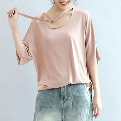 Modal Summer Women Loose Casual Plain Light Pink Shirt