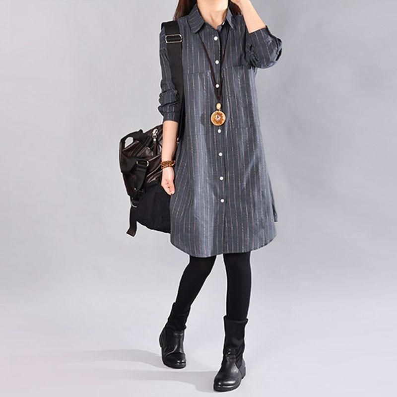 Casual Loose Stripe Cotton Blue Shirt