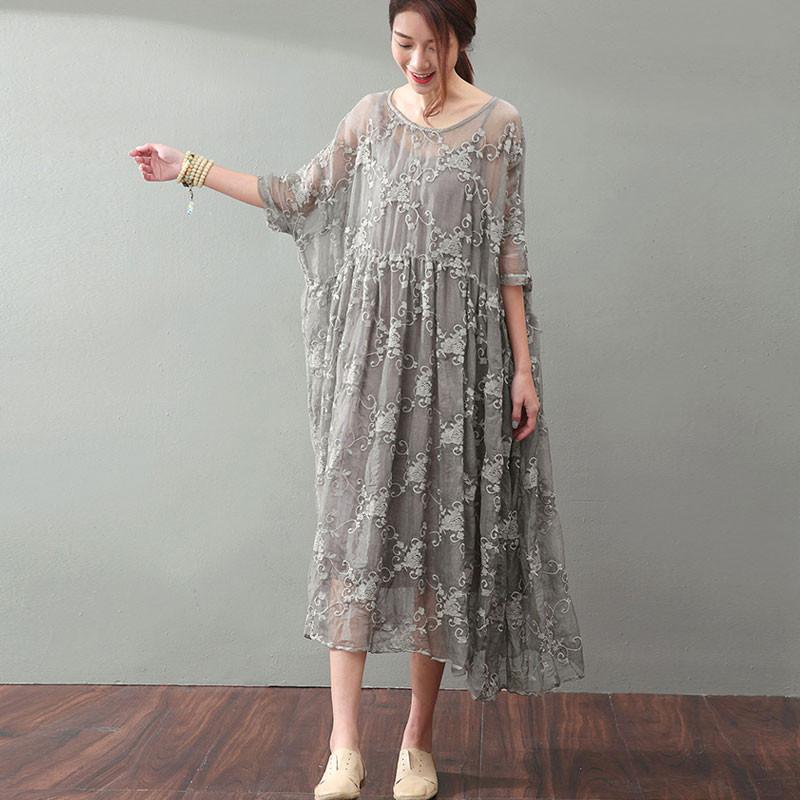 Lacing Women Silk Loose Casual Gray Green Dress