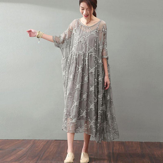 Lacing Women Silk Loose Casual Gray Green Dress